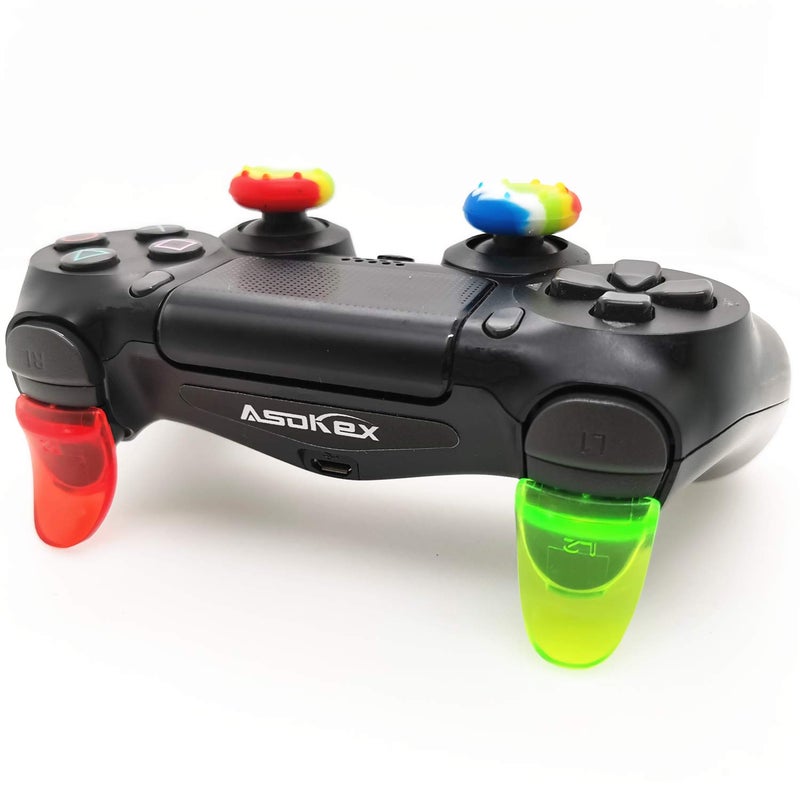Asokex L2 R2 Triggers Ps4 (2 Pairs Trigger Extender,6Pcs Thumbstick Grips, 2 Pairs LED Light Bar Decal) for Ps4 Dualshock Controller(Green&red) - Image 2